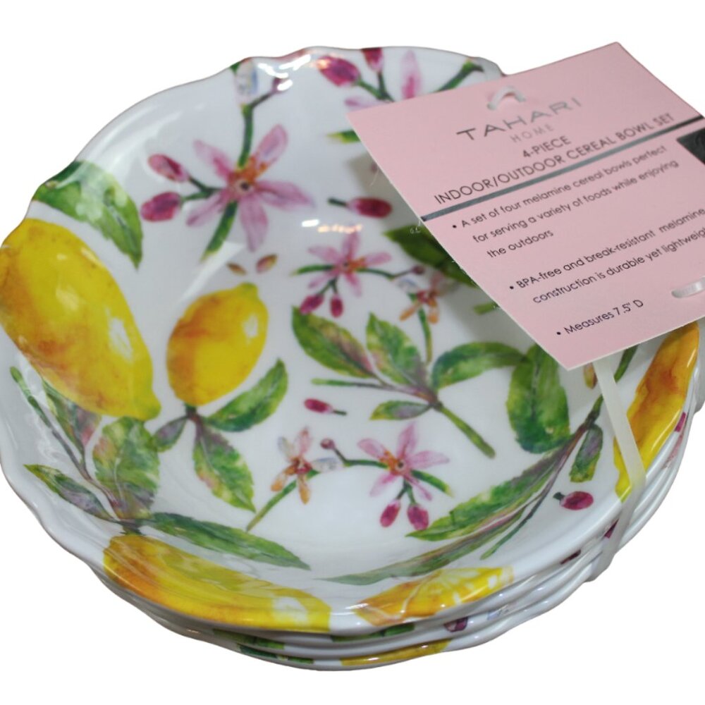 Tahari Home Yellow Lemon Floral 7.5" Cereal Bowl Set of 4 Scalloped Melamine NWT